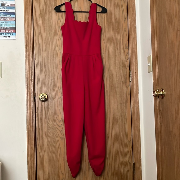 Love Ady Pants - Christmas Red Polyester Wavy Neckline Jumpsuit